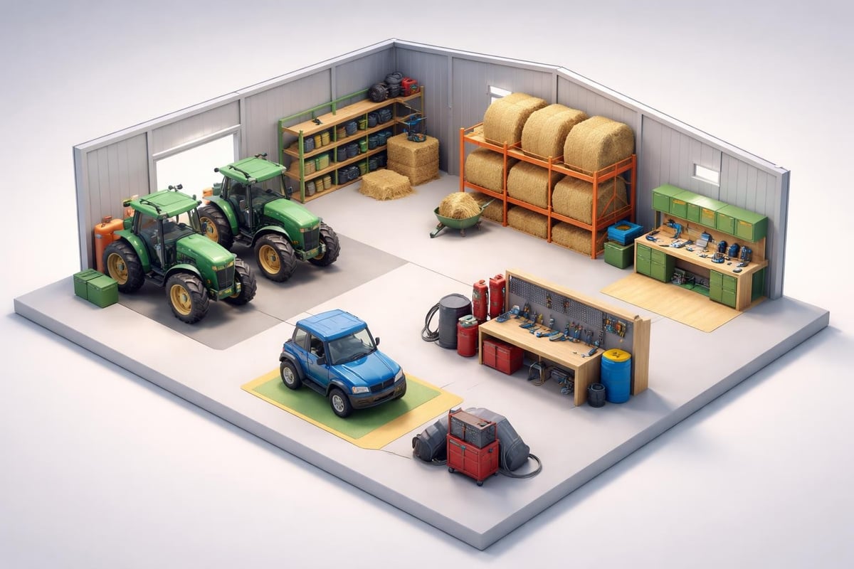 Agricultural equipment in steel building