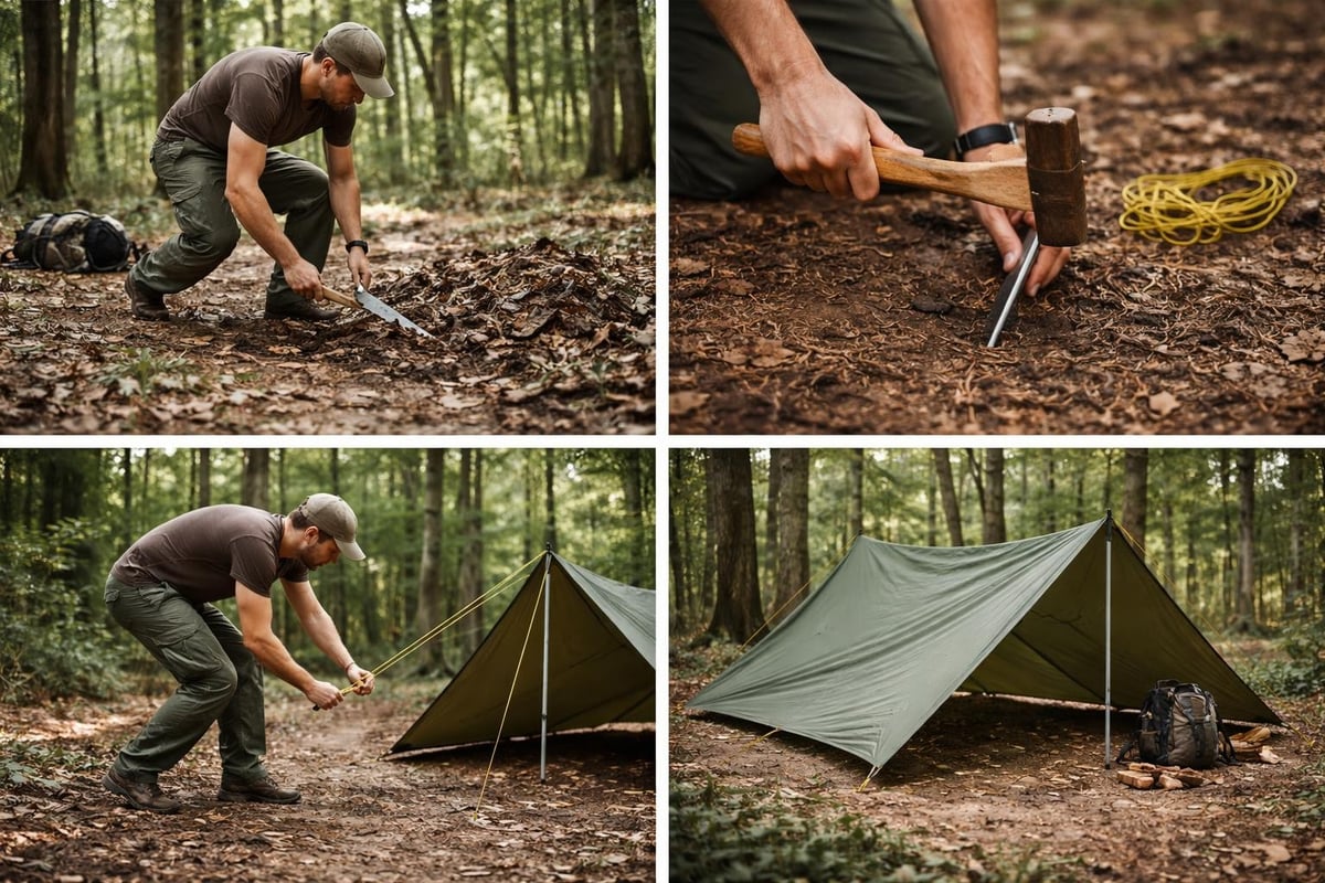 Bushcraft tent setup sequence