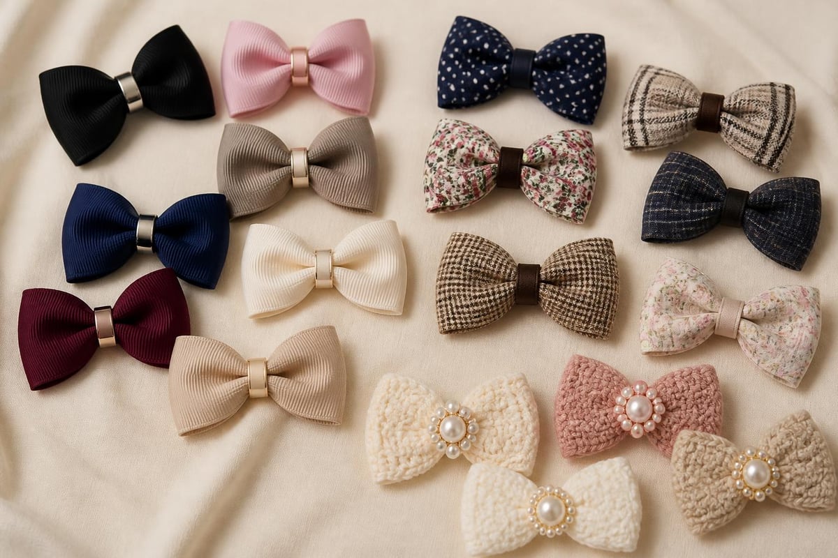 Bow hair clip construction comparison showing grosgrain ribbon stitching and clip hardware types