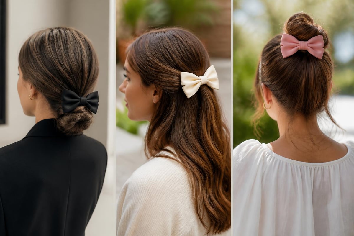 Bow hair clip placement guide showing crown side and half-up styling positions for polished looks