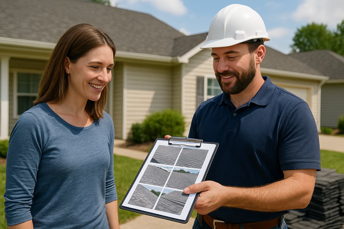 Homeowner discussing roof repair options with contractor, reviewing roofing images on clipboard, residential setting with home in background.