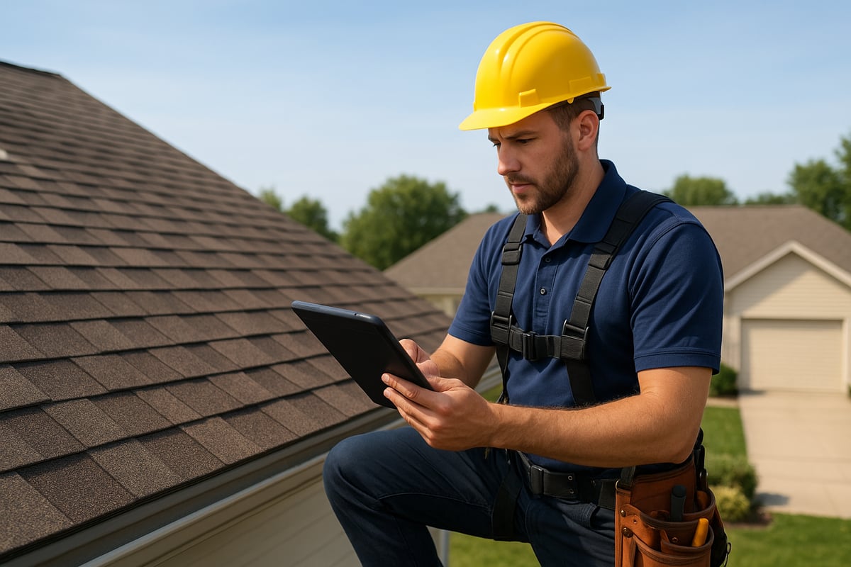 Professional roofer in a yellow hard hat using a tablet to assess residential roof conditions, highlighting the importance of inspections in the roof repair process.