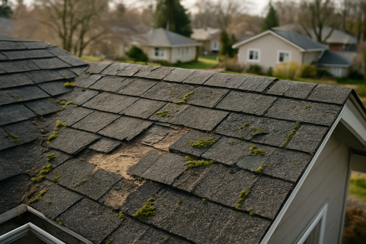Residential roof with damaged shingles, showing moss growth and bare patches, highlighting common roof repair issues.
