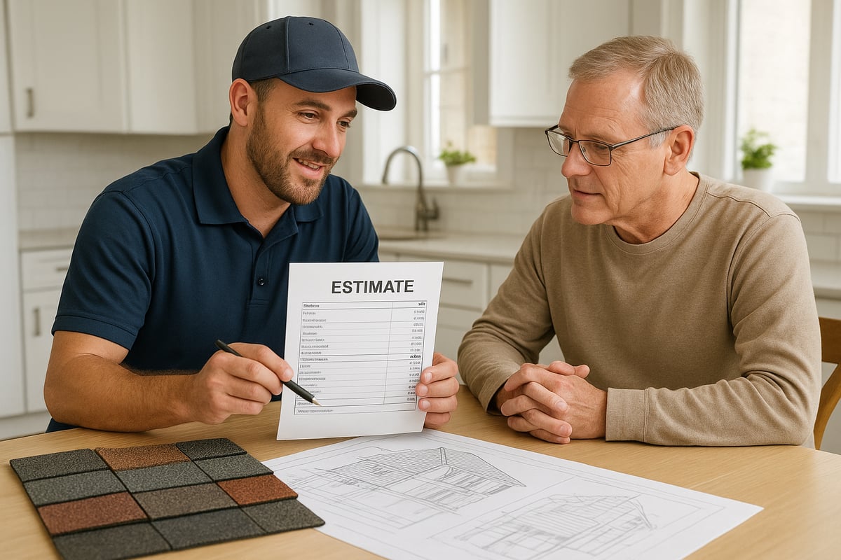 Contractor discussing roofing estimate with homeowner, showing detailed cost breakdown and material samples on table.