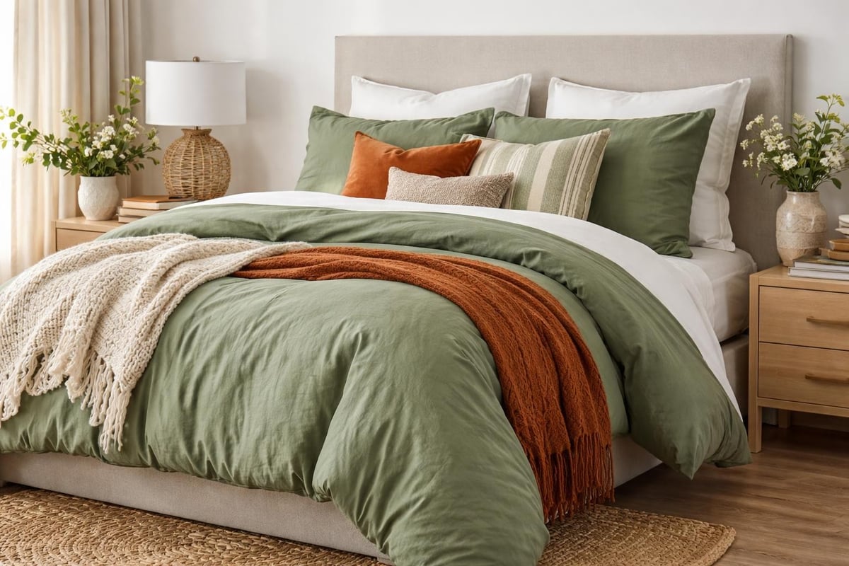Bedroom styling with green bedding