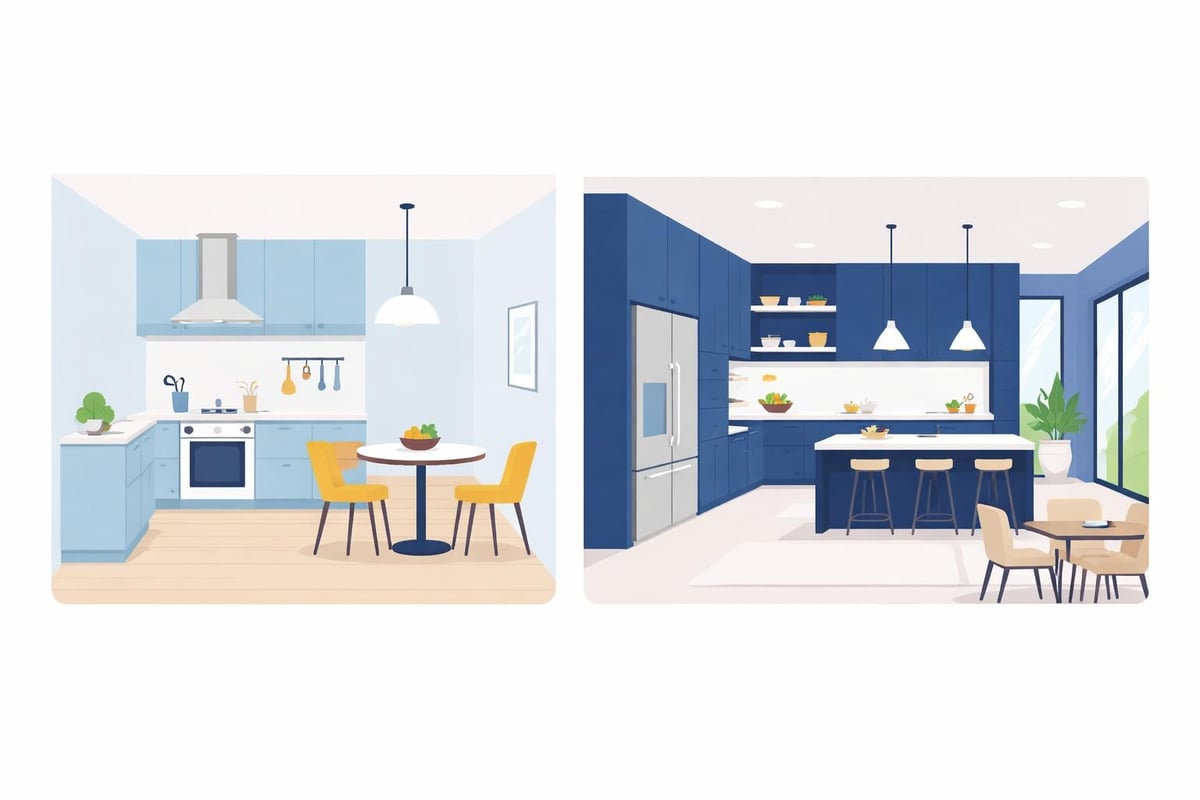 Raumwirkung verschiedener Blautöne in Küchen