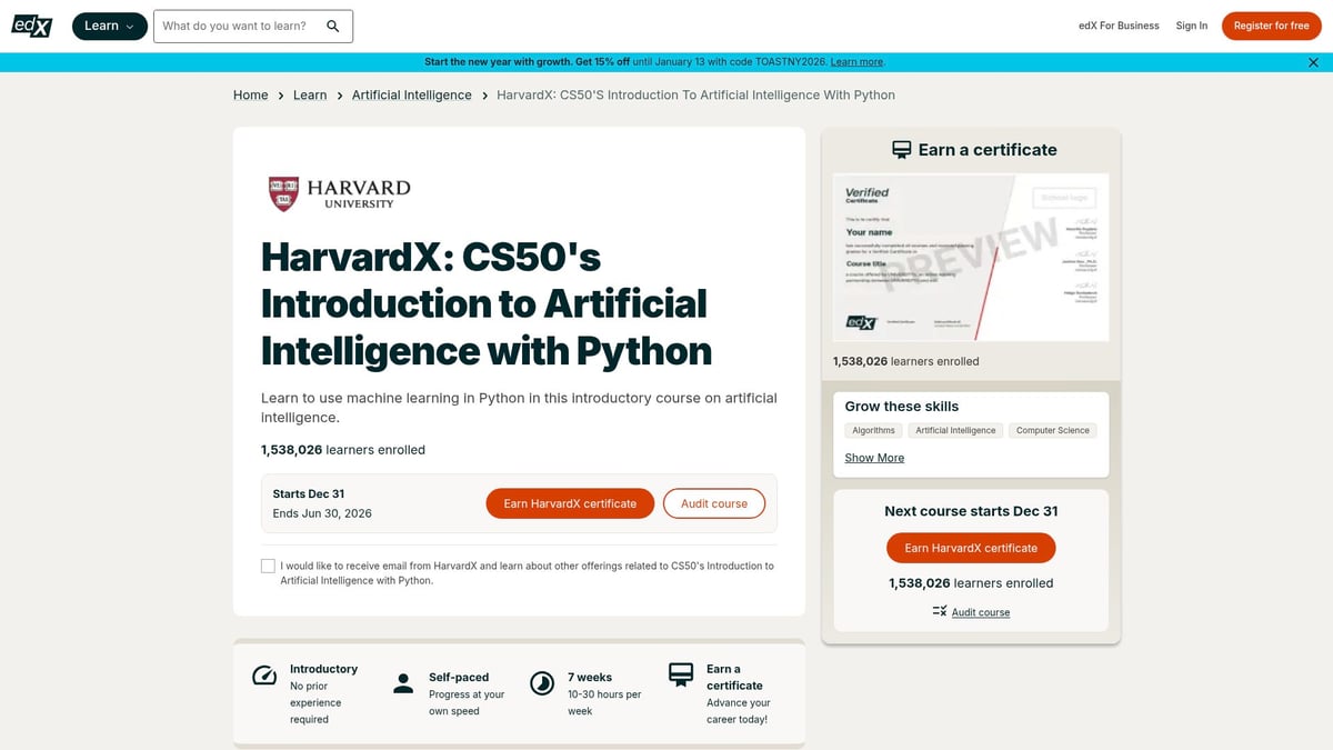 7 Essential Computer Science AI Course Picks for 2026 - CS50’s Introduction to Artificial Intelligence with Python (edX)
