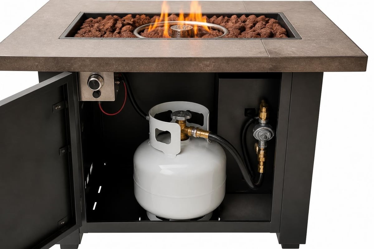 Fire pit table components and fuel systems