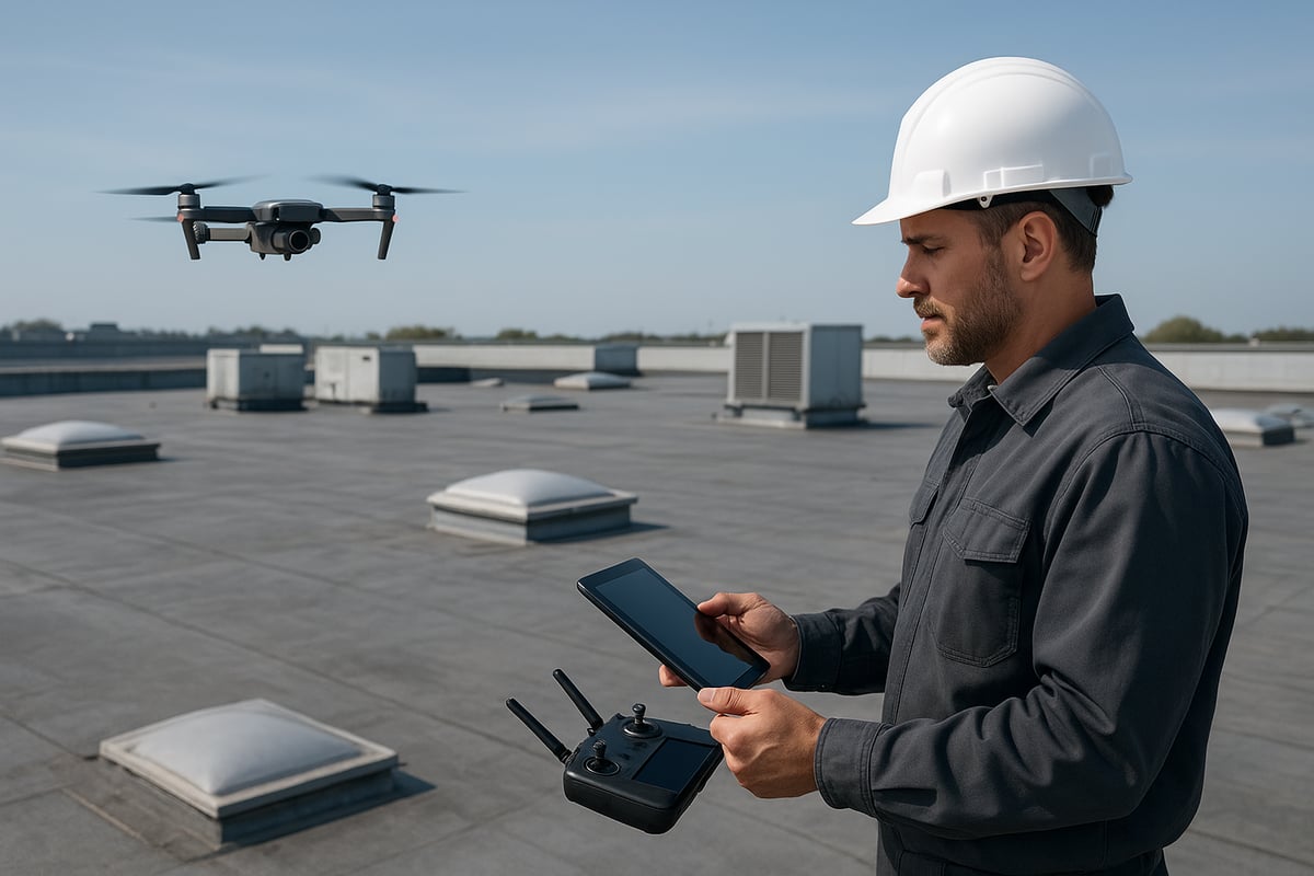 Construction worker using a tablet and drone on a commercial flat roof, emphasizing modern inspection techniques for proactive roof maintenance.