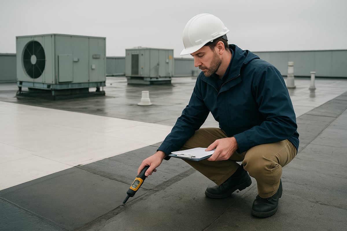 Professional inspecting commercial flat roof with tools, clipboard, and HVAC units in background, emphasizing roof maintenance and repair strategies.