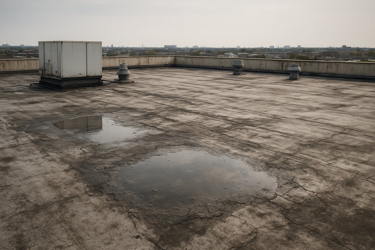 Commercial flat roof with visible ponding water, cracked surface, and rooftop HVAC unit, illustrating common maintenance issues and vulnerability to damage.