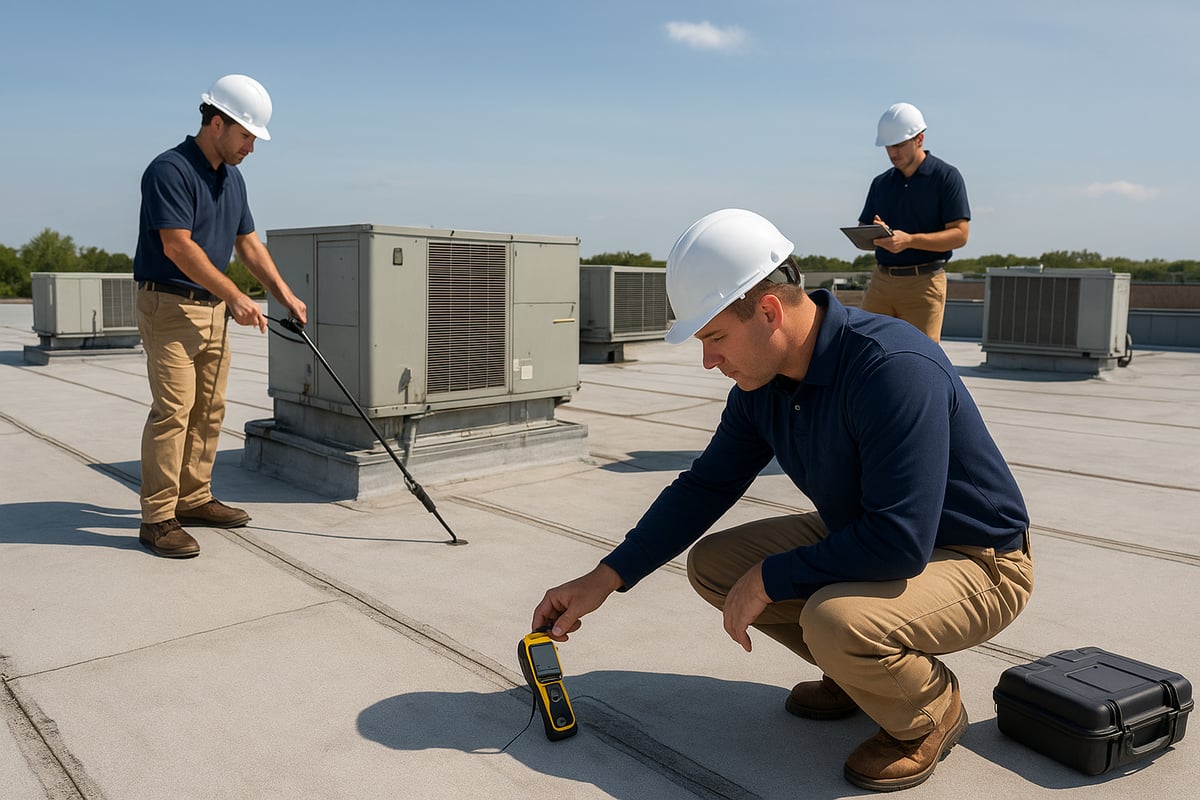Three professionals inspecting a commercial flat roof, using tools like moisture meters, with HVAC units in the background, emphasizing proactive roof maintenance and inspections.