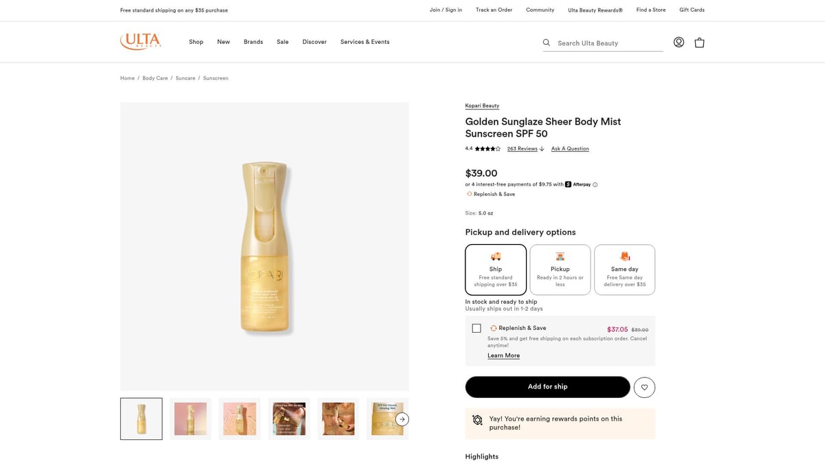 7 Smooth Skin Products to Transform Your Routine in 2026 - Kopari Golden Sunglaze Sheer Body Mist SPF 50