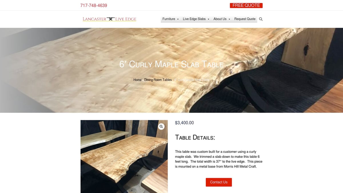 7 Stunning Live Edge Dining Room Table Ideas for 2026 - 6′ Curly Maple Slab Table