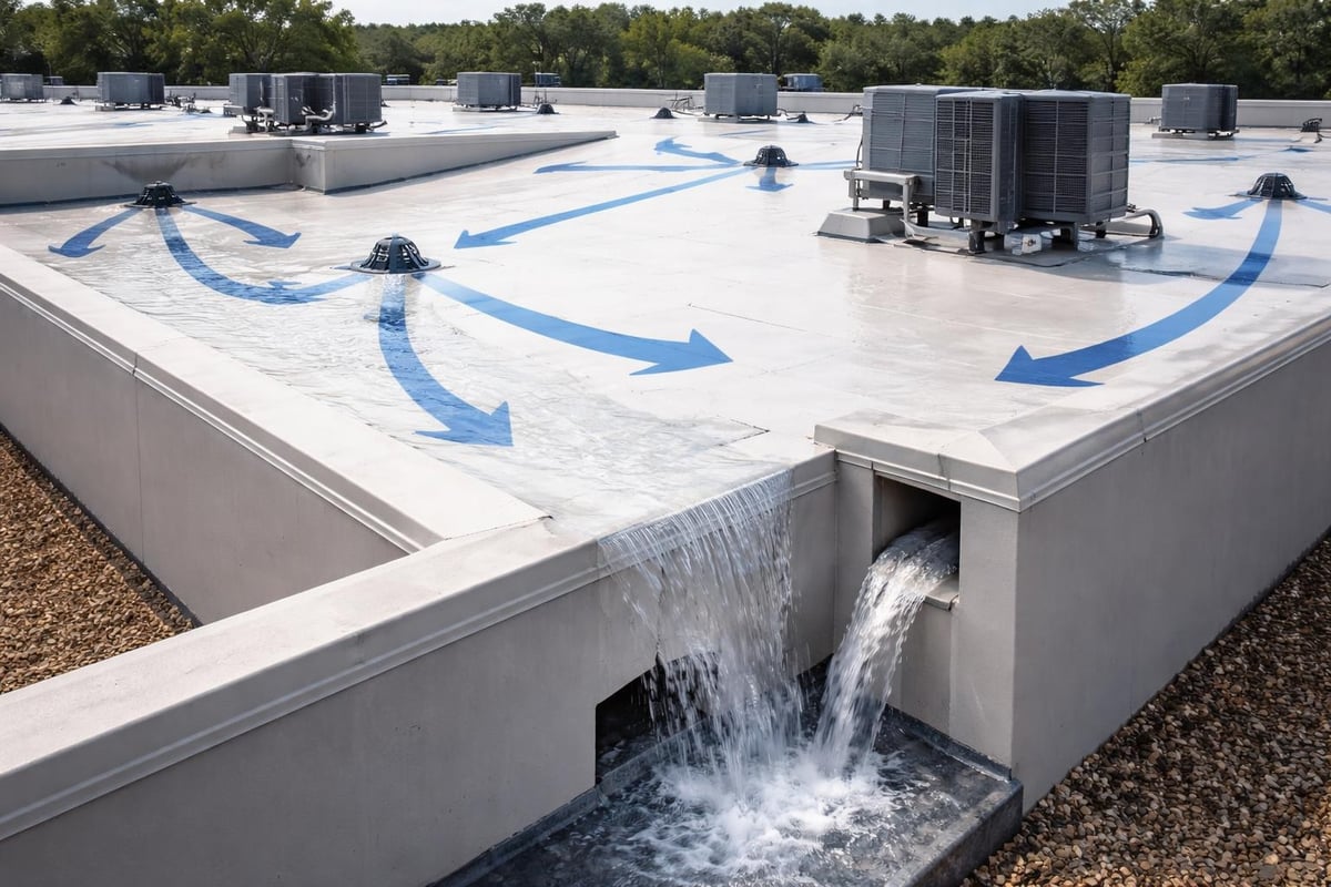 Flat roof with water drainage system, showing water flow directed towards drains, blue arrows indicating drainage paths, and HVAC units in background, relevant to flat roofing maintenance and installation.