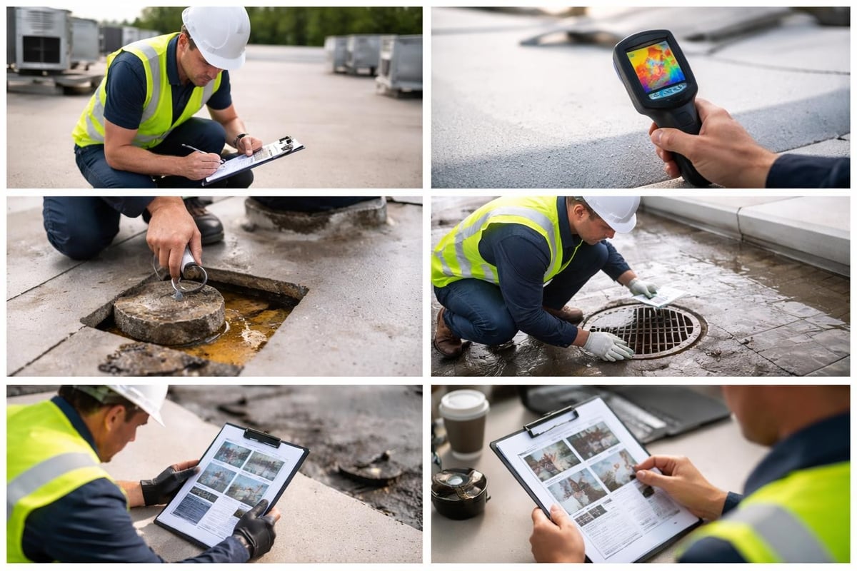 Professional flat roofer inspecting roof conditions, documenting findings, using thermal imaging, checking drainage systems, and reviewing project details.