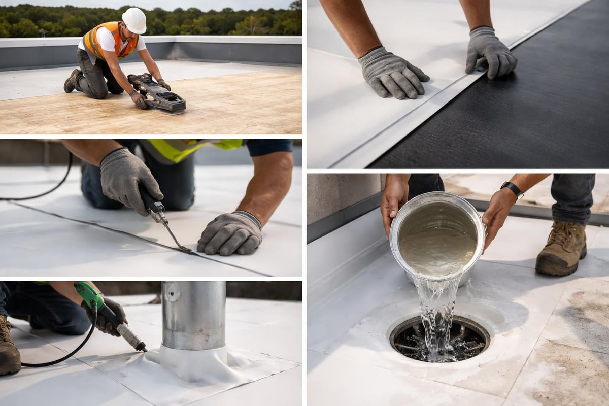 Professional flat roofers installing roofing materials, conducting repairs, and ensuring proper drainage systems on a flat roof in Fort Worth, Texas.