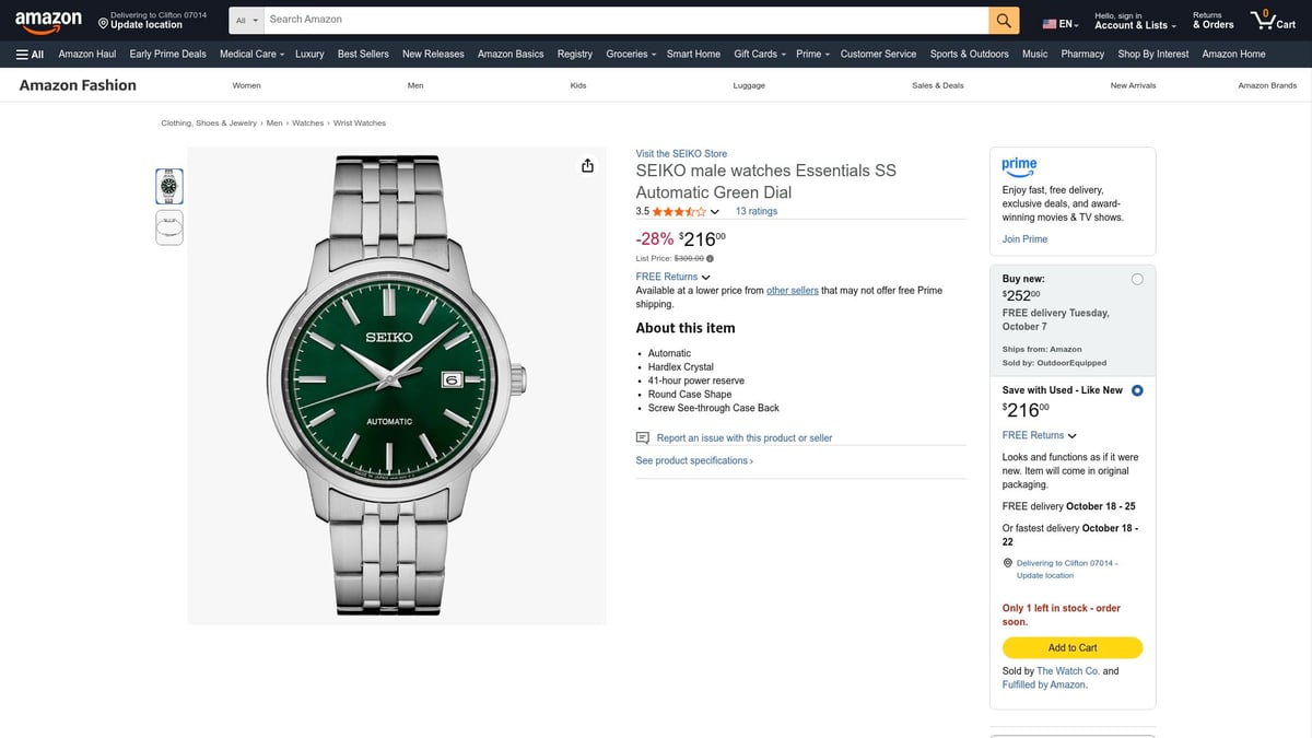 7 Must-See Seiko Dial Green Watches for 2025 - Seiko Essentials Automatic Green Dial (Ref. B0B834QJ4L)