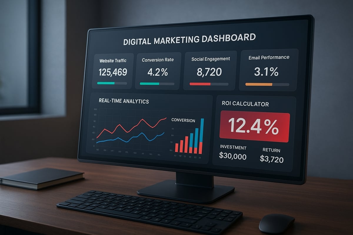 Digital marketing dashboard displaying data on a computer screen, with a keyboard and mouse on a wooden desk.