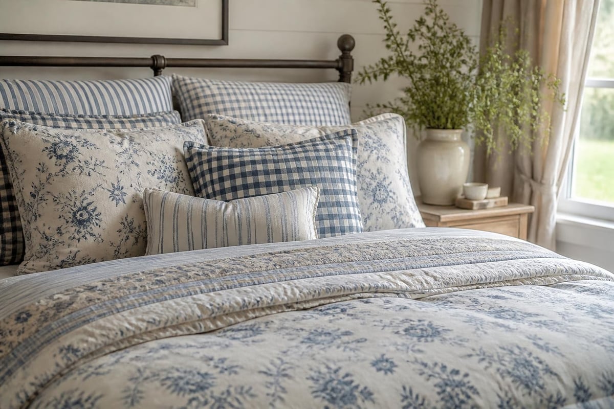 Pattern mixing in shabby chic bedding