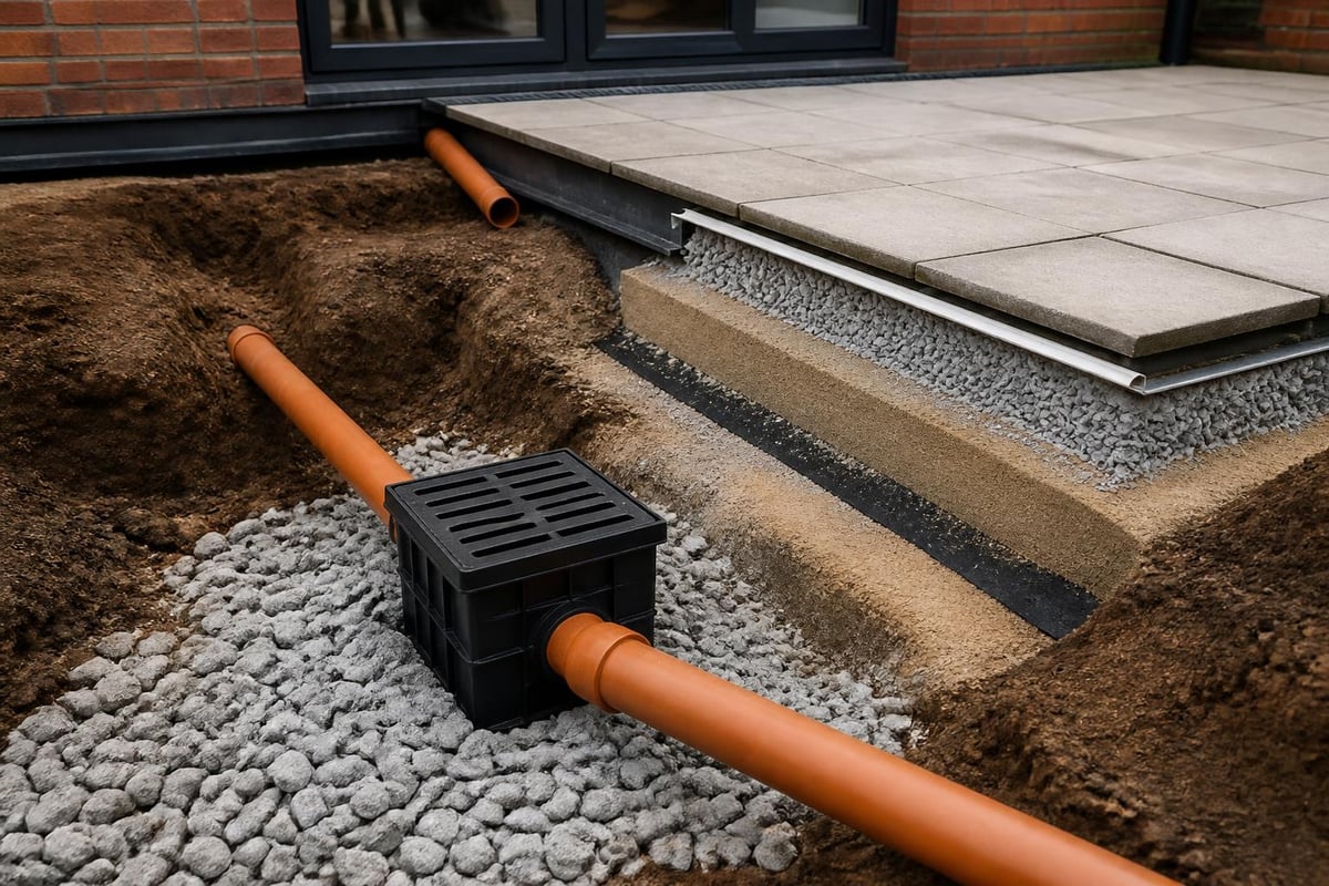 Patio earthworks drainage system