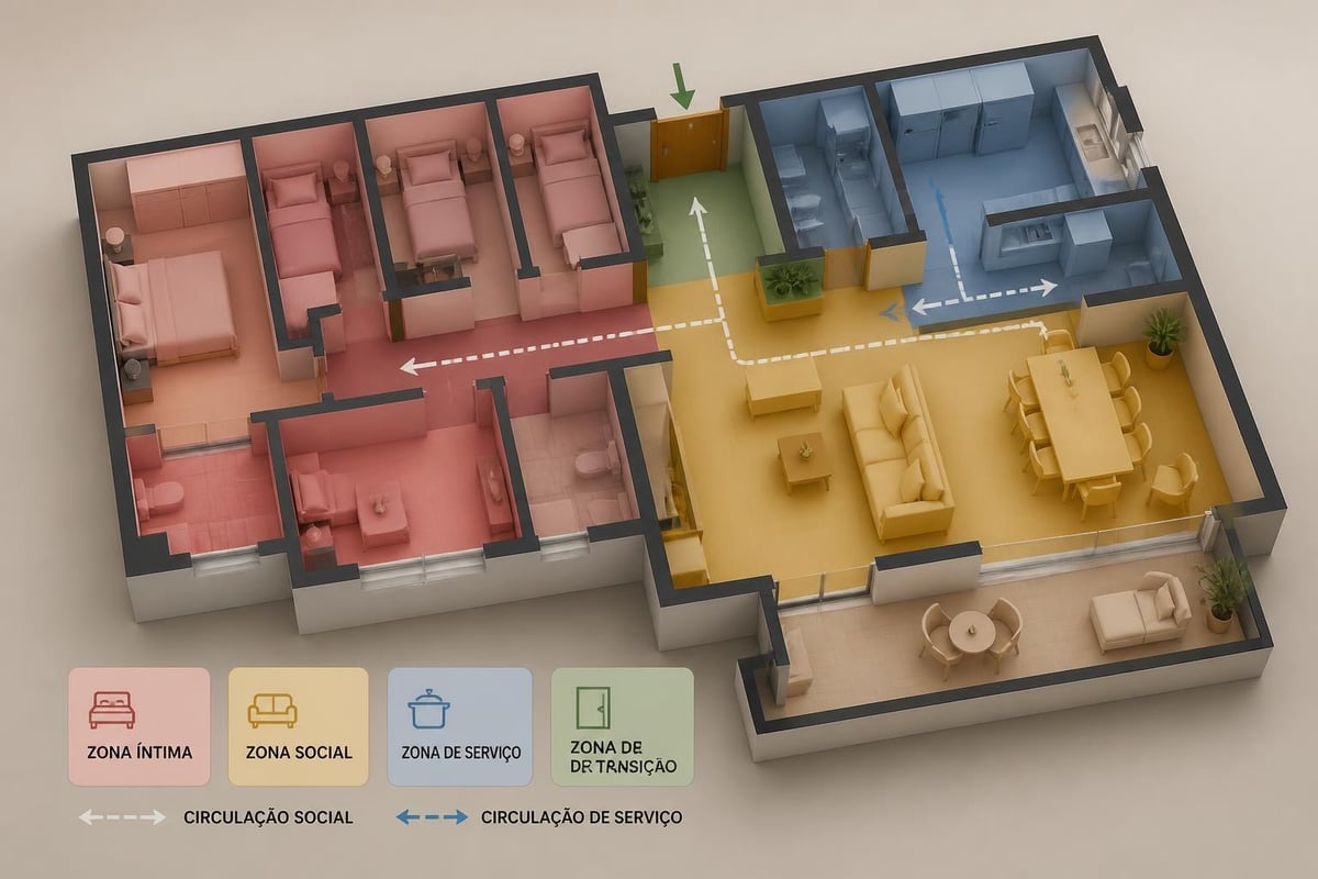 Distribuição de zonas funcionais em apartamento de 4 quartos