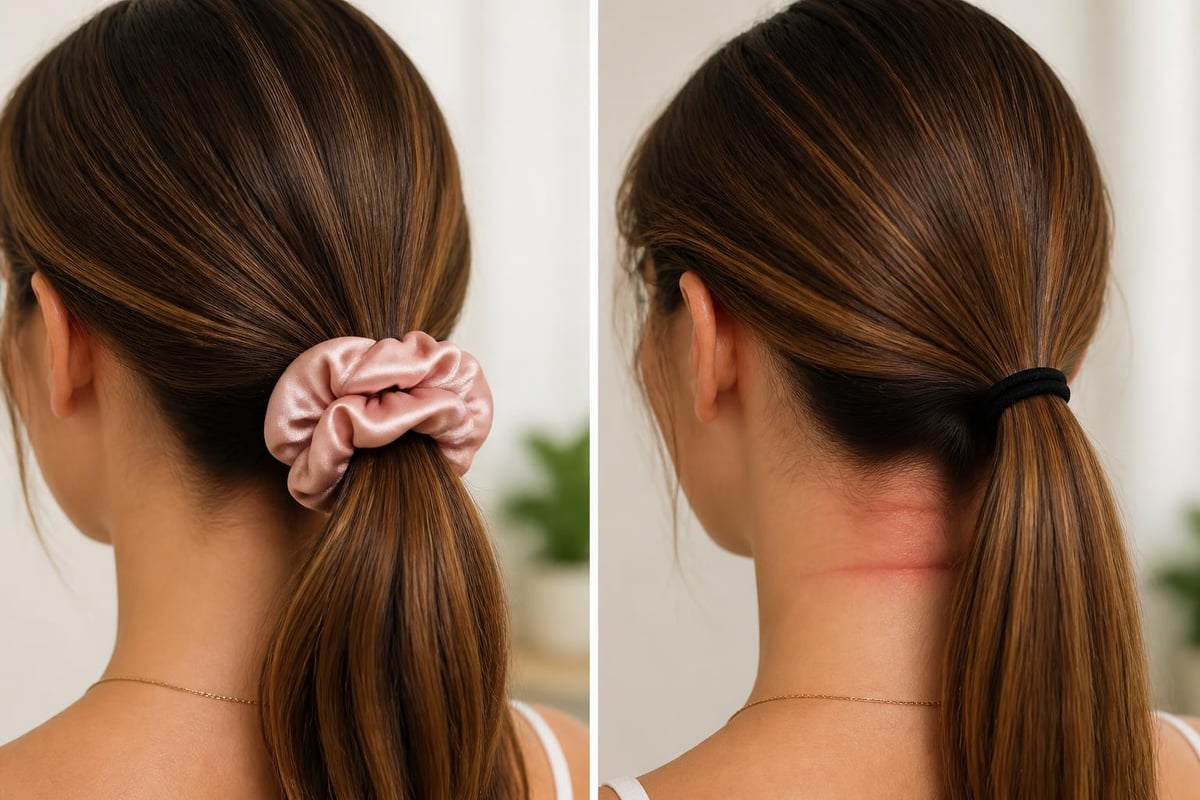 Comparison chart of scrunchie fabric benefits versus elastic hair tie damage on fine and thick hair