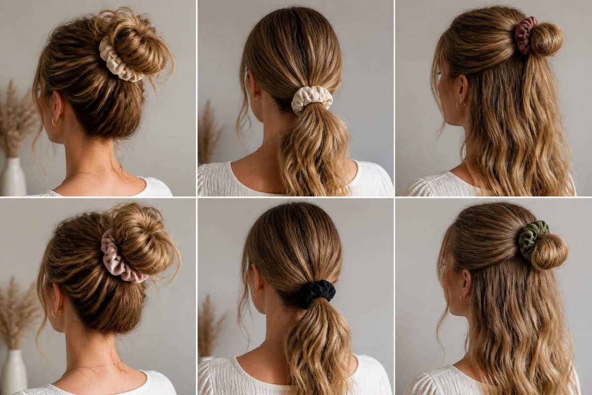 Step-by-step guide showing scrunchie styling for ponytail bun and half-up looks with salon results