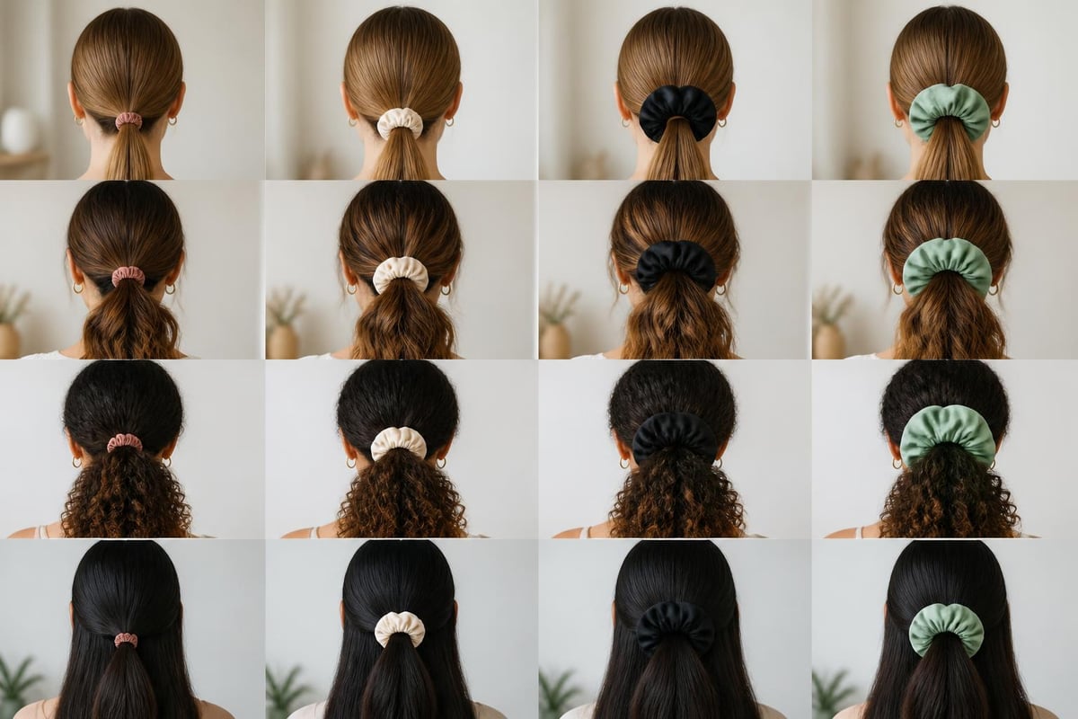 Scrunchie size variation chart showing small medium large and jumbo options matched to hair thickness