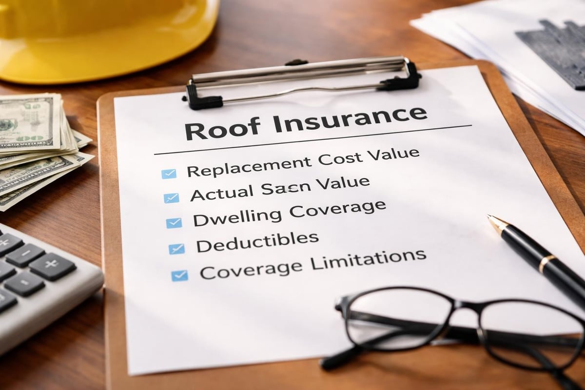 Roof insurance checklist on clipboard, detailing replacement cost value, actual cash value, dwelling coverage, deductibles, and coverage limitations, with calculator, glasses, and cash on wooden table.