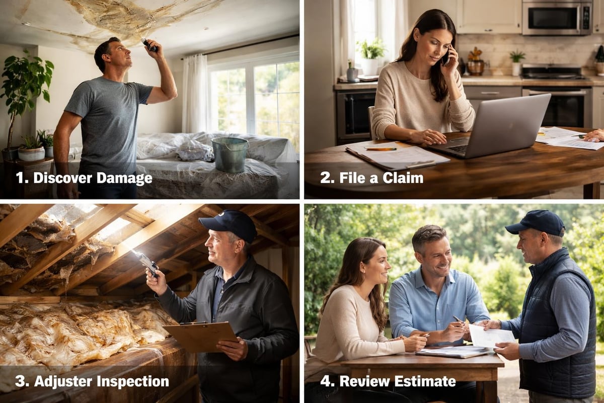 Image depicting four steps in the roof insurance claim process: 1. Man discovering damage indoors, 2. Woman filing a claim on a laptop, 3. Adjuster inspecting damage in an attic, 4. Family reviewing estimate with an adjuster outdoors.