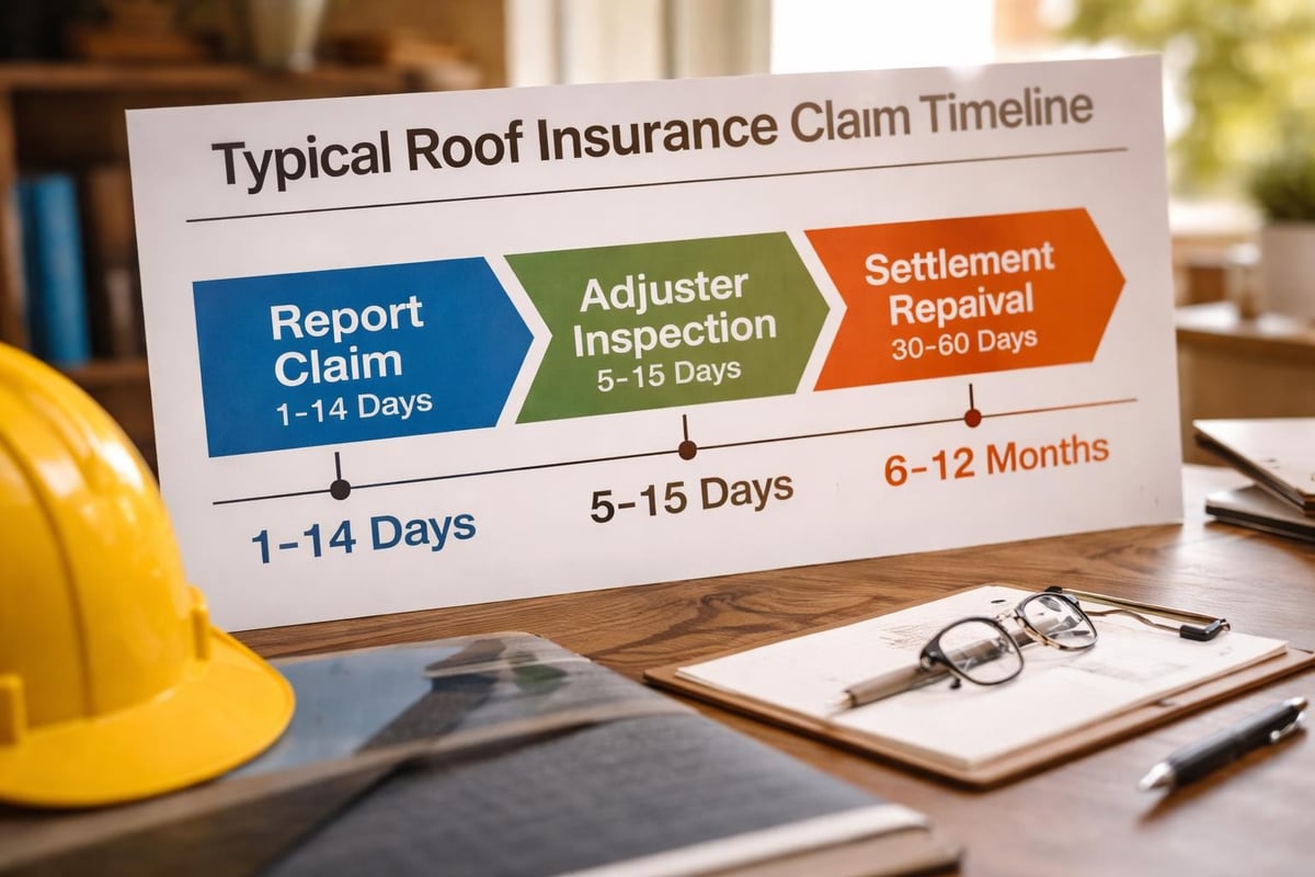 Typical roof insurance claim timeline chart showing stages: report claim (1-14 days), adjuster inspection (5-15 days), and settlement repair (30-60 days), emphasizing the importance of timely processes in roofing insurance claims.