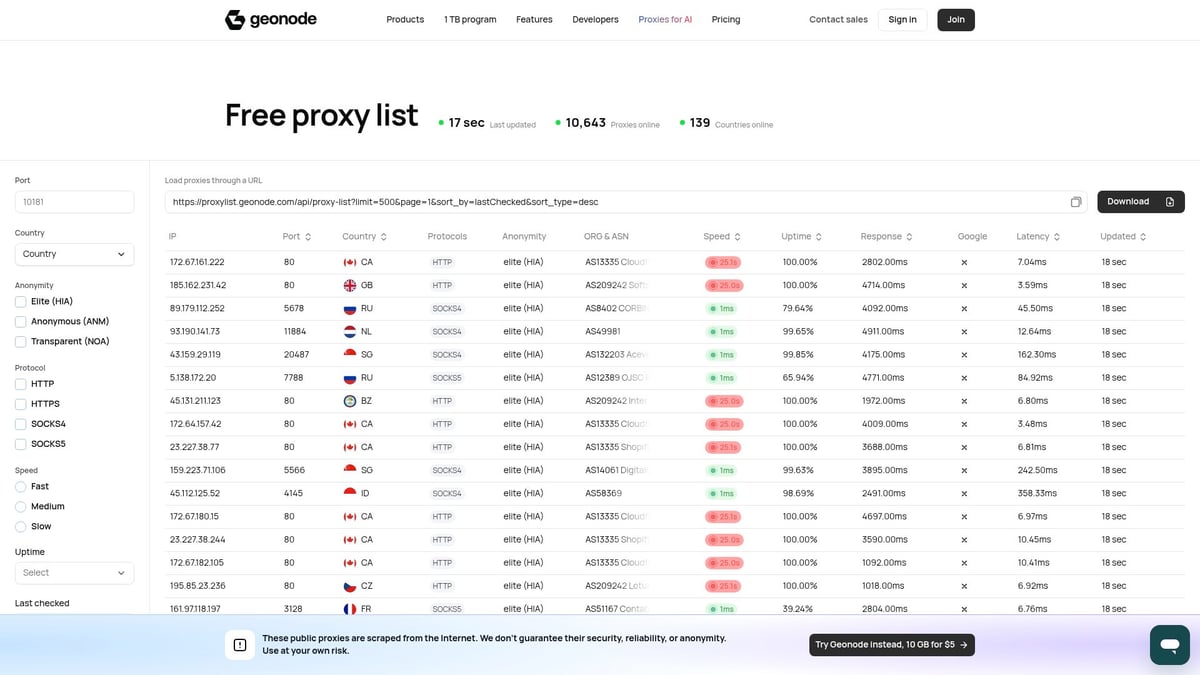 Top 10 Free HTTP Proxy List for Secure Browsing in 2025 - Geonode Free Proxy List