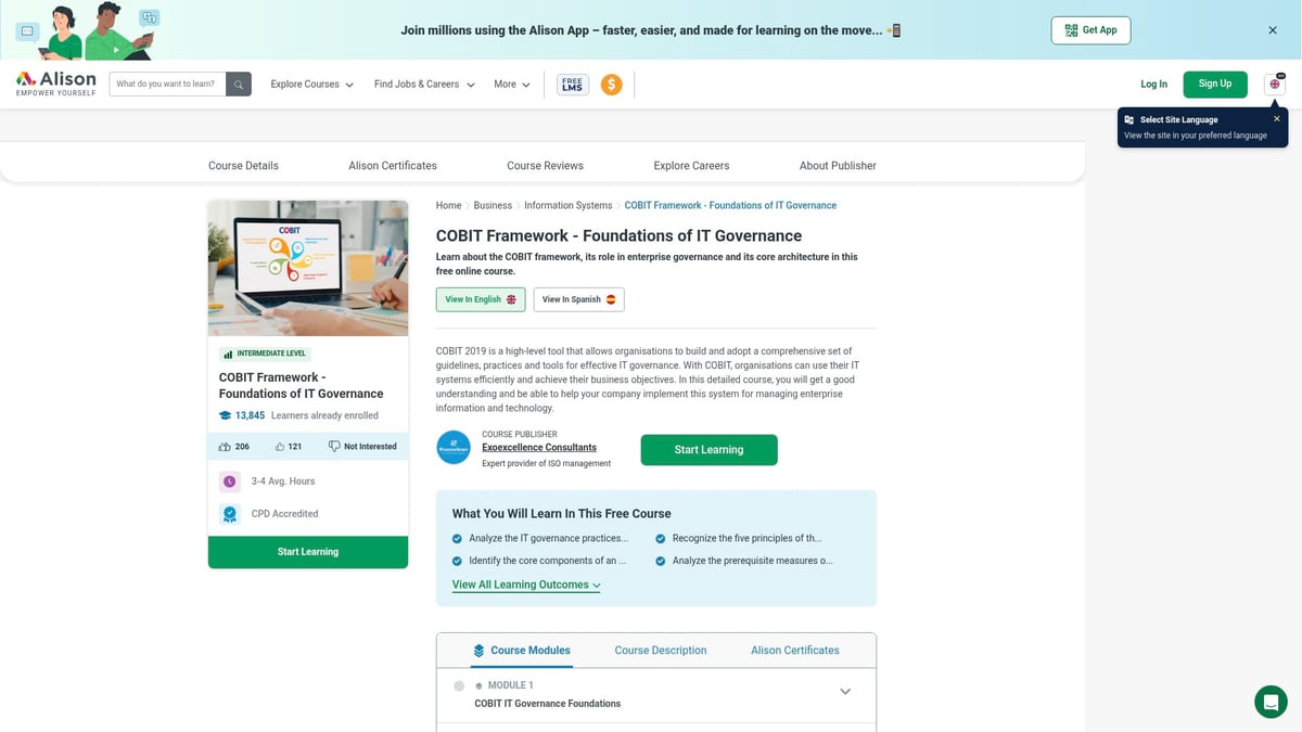 7 Top Management In IT Courses To Boost Your Career 2026 - COBIT Framework – Foundations of IT Governance – Alison