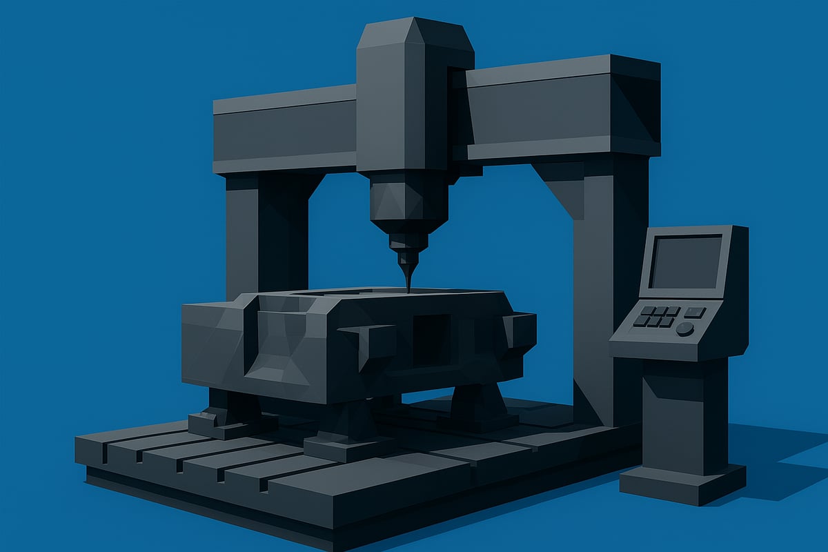 Low-poly CNC machining machine with controller, emphasizing precision engineering for heavy industry parts.