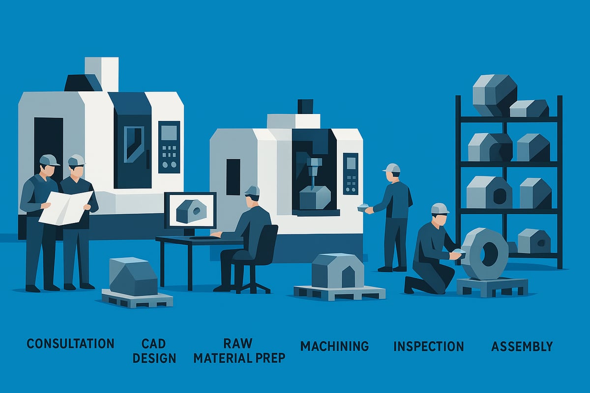 Illustration of CNC machining workflow with workers engaged in consultation, CAD design, raw material preparation, machining, inspection, and assembly processes, representing the efficiency and precision required in heavy industry parts manufacturing.