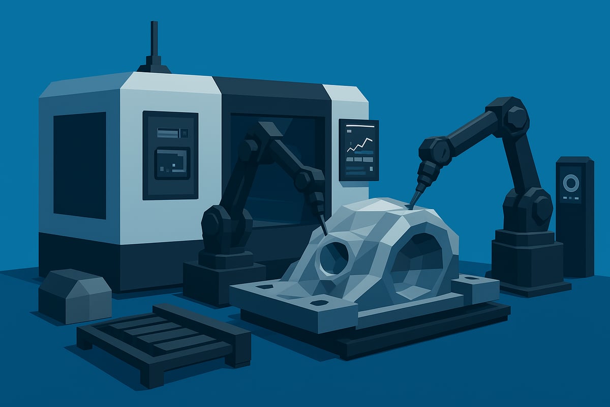 CNC machining setup featuring robotic arms and a geometric workpiece, illustrating advanced manufacturing technologies for heavy industry applications.