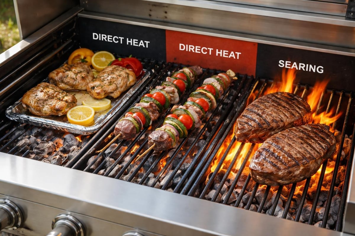 Charcoal heat zones in outdoor kitchen