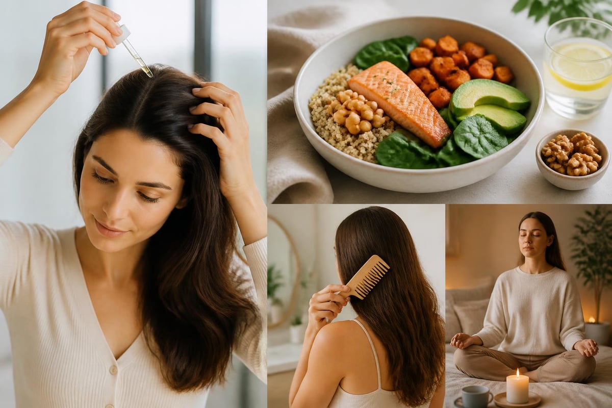 New mother using wide-tooth comb and gentle postpartum hair care routine to minimize shedding damage