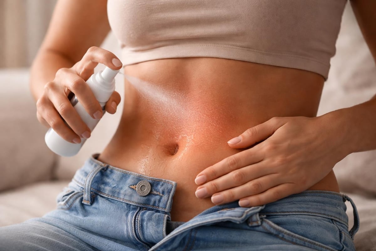Magnesium spray application on lower abdomen