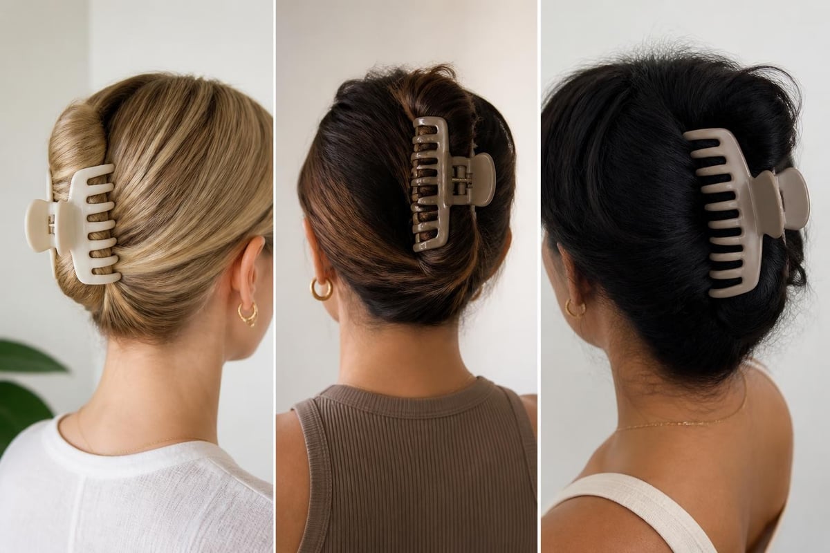 Diagram comparing claw clip jaw widths and how to measure ponytail diameter for thick hair