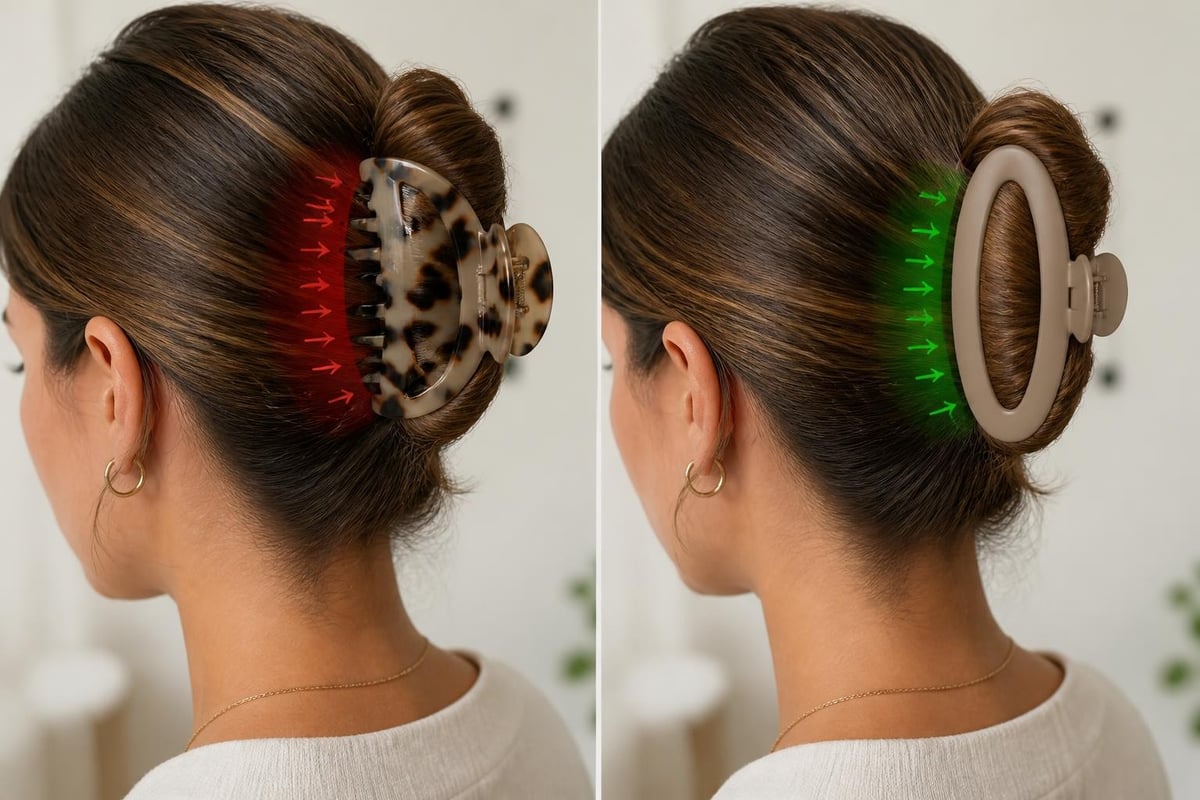 Lay-flat oval claw clip sitting flush against the head for all-day thick hair comfort
