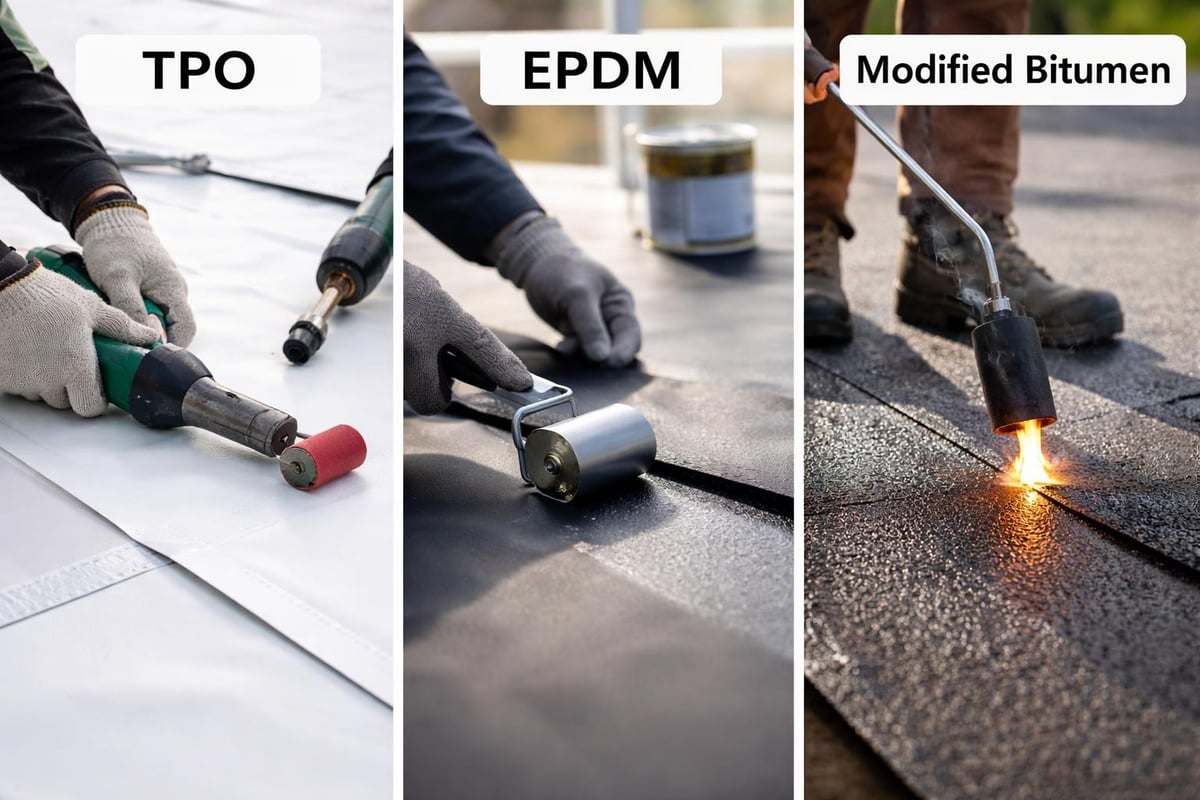 TPO roofing installation with heat welding, EPDM membrane application using adhesive roller, and Modified Bitumen torch application for roofing repairs.