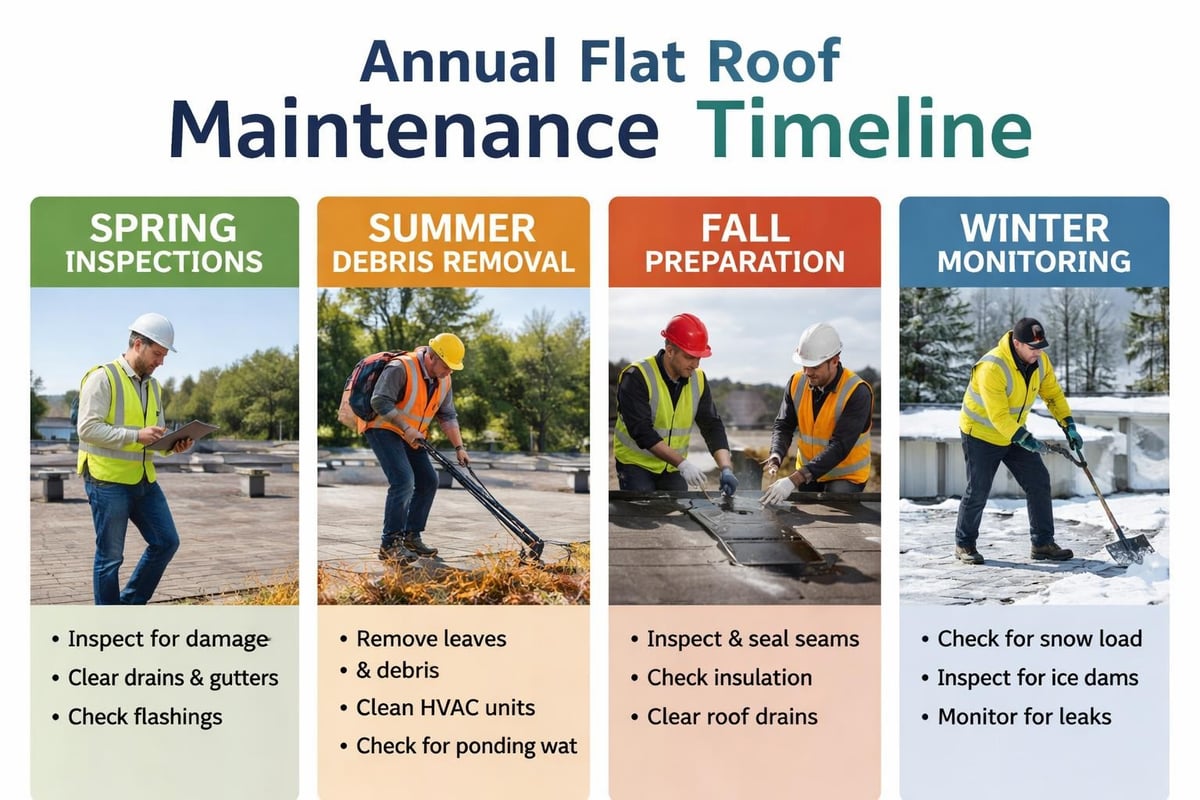 Annual flat roof maintenance timeline infographic showing seasonal tasks: spring inspections, summer debris removal, fall preparation, and winter monitoring, with workers performing roof care activities.