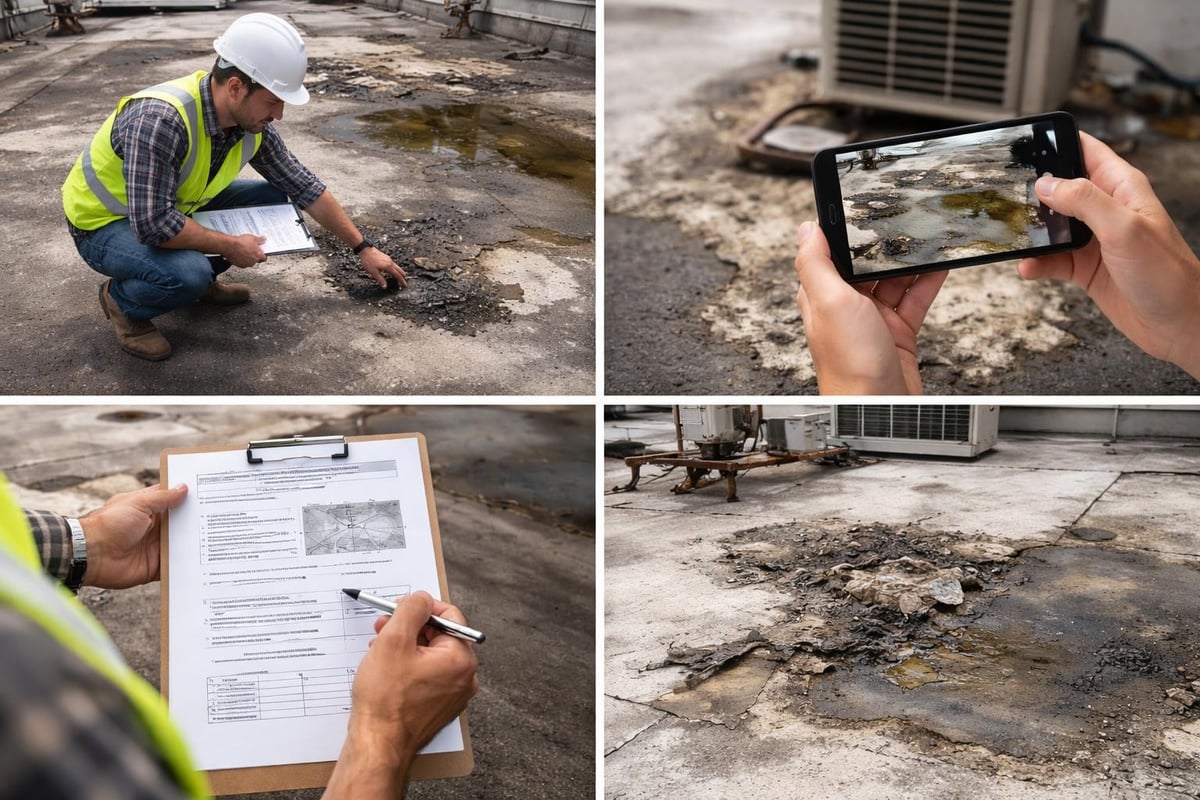 Construction worker inspecting flat roof damage and documenting repairs with clipboard and smartphone, highlighting maintenance tracking and repair quality.