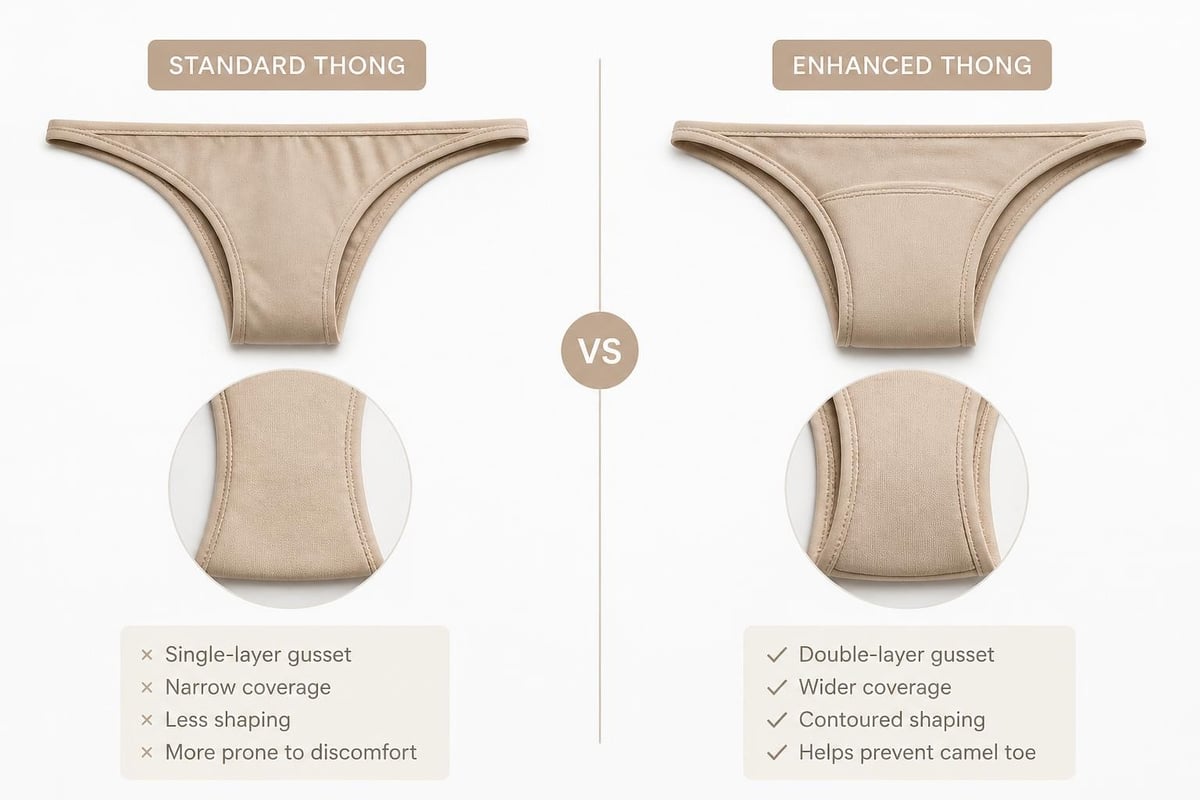 Camel toe prevention in body thongs