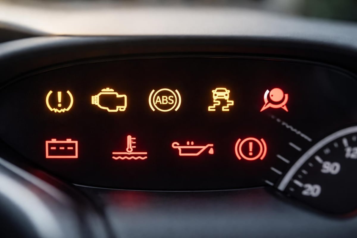 Dashboard warning lights indicating vehicle problems