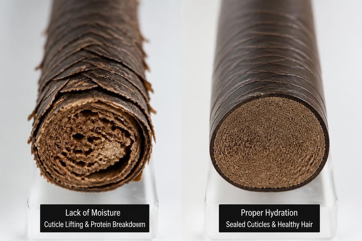 Dehydrated beard hair shaft versus moisturized hair shaft