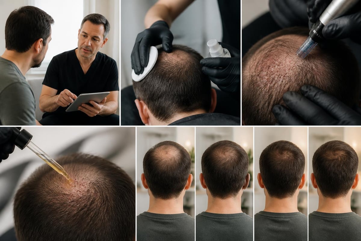 Close-up scalp microchanneling treatment creating channels to stimulate hair follicle regrowth