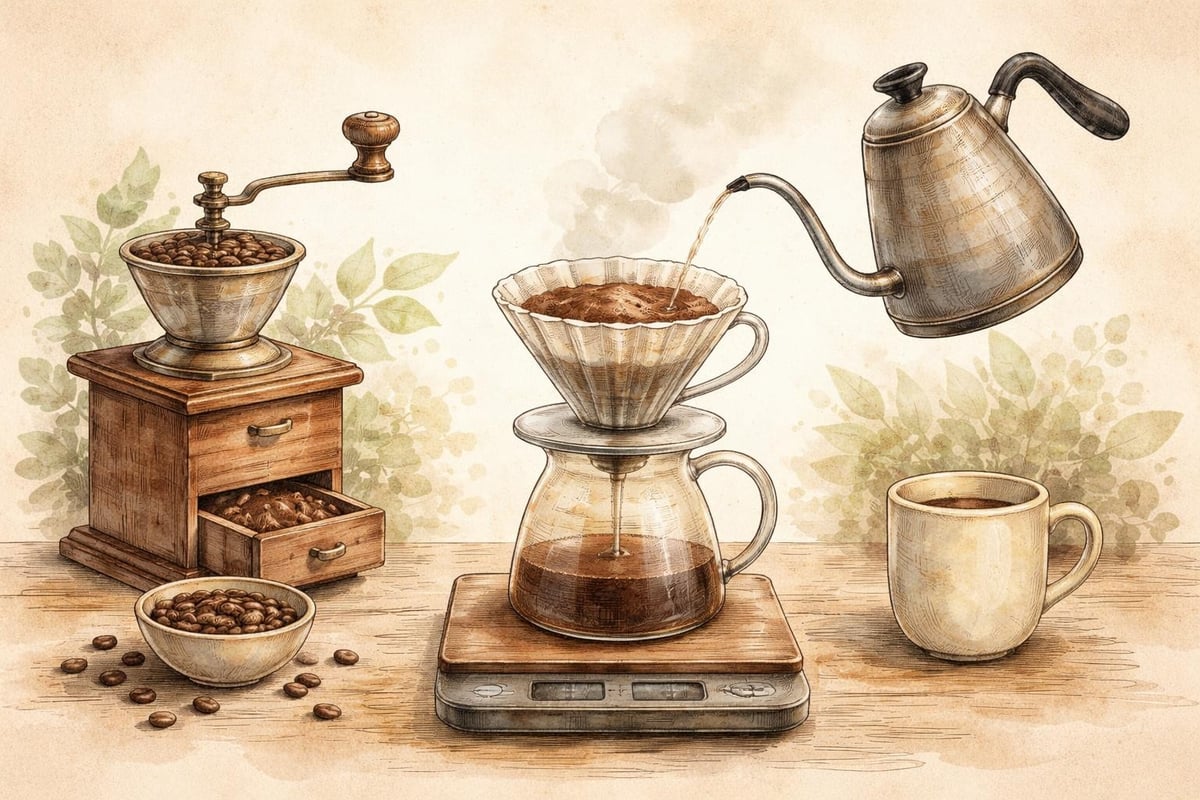 Pourover coffee equipment and ritual setup